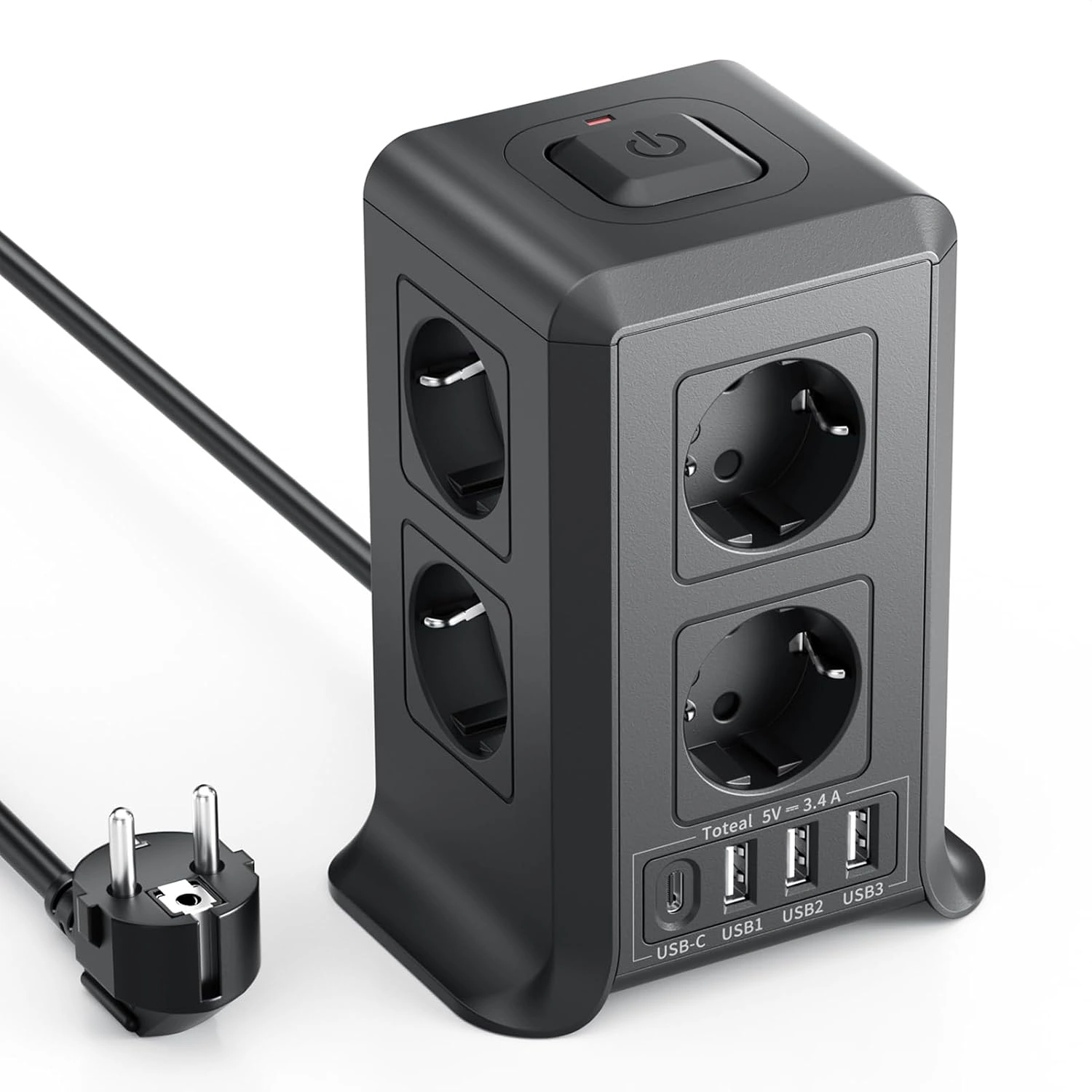 KEMELO Steckdosenleiste Turm 8-fach mit USB-C & Überspannungsschutz